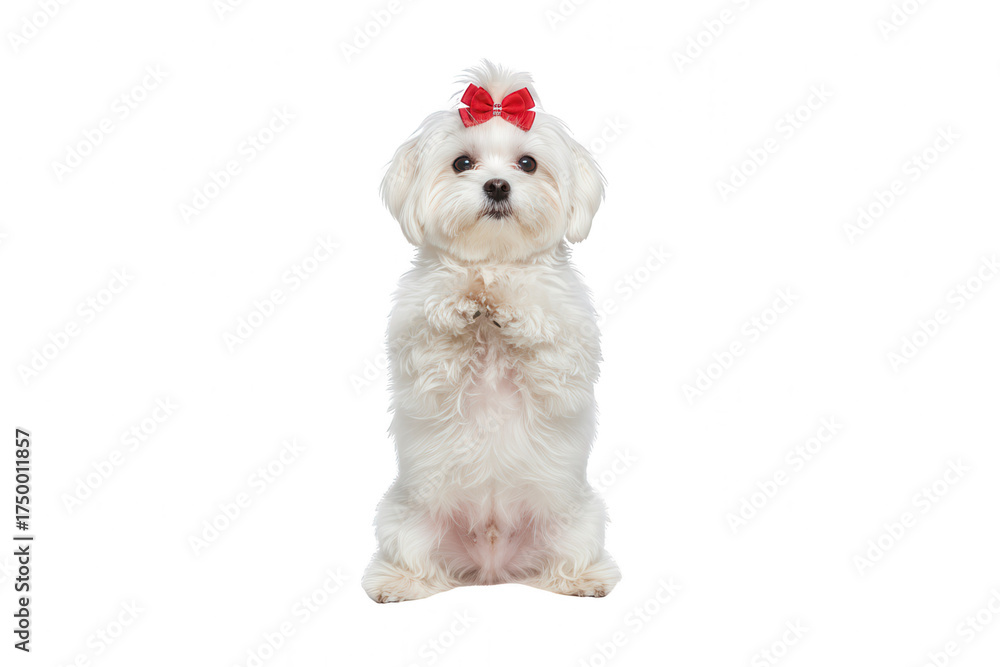 Obraz premium Adorable Maltese Dog Standing on Hind Legs with Red Bow, Isolated on White Background, Cute Pet Portrait, Begging, Small Breed, Purebred, Animal