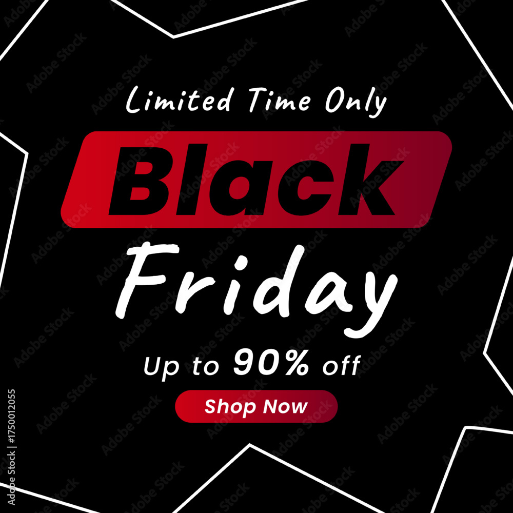 Obraz premium Black Friday Sale with disc Up to 90% off. Vector illustration. Limited Time Only. Black Friday Sale banner template design for social media and website advertisement. Shop Now.