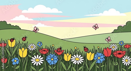 Vibrant Meadow Bursting with Spring Flowers and Butterflies
