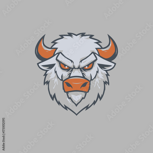 Powerful white bull or bison head vector illustration. Aggressive animal mascot design with fierce orange eyes and horns, symbolizing strength and determination.
