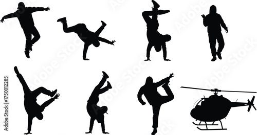 Breakdance silhouette, hip-hop moves, dynamic pose, street dance energy, airborne motion, expressive stance, urban rhythm, helicopter contrast, freestyle art