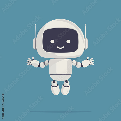 Adorable white cartoon robot character floating with open arms. Friendly artificial intelligence assistant illustration, technology concept.