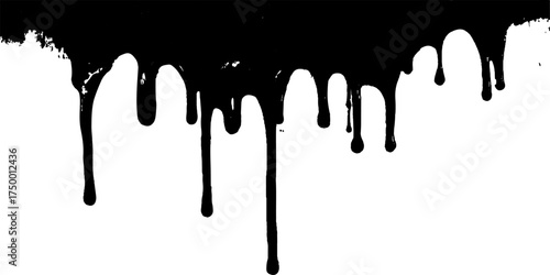 Black dripping paint isolated on white background. Dripping black liquid on white background. Paint dripping from the top of the frame transparent background. 