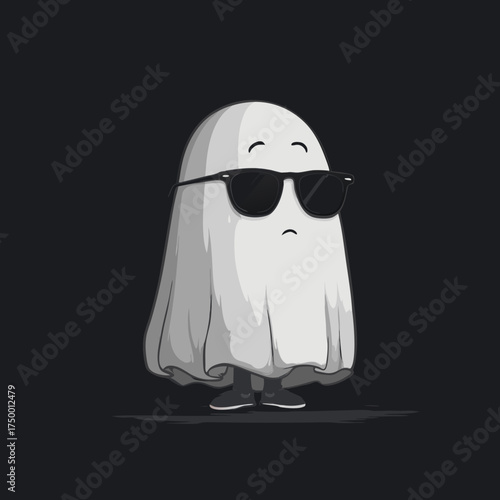 Cute Cartoon Ghost Character in Black Sunglasses on Dark Background. Spooky, Minimalist Halloween Illustration, Fun and Playful Spirit Design.