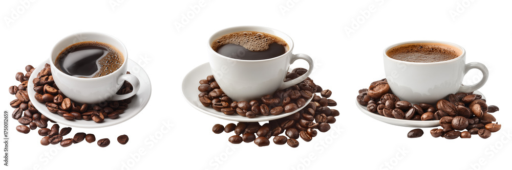Fototapeta premium Set of Hot coffee in a simple white cup with steam rising on transparent png background. Ai generated