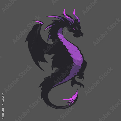Mystical black and purple dragon illustration with powerful wings. Fantasy creature vector art, mythical beast design element.