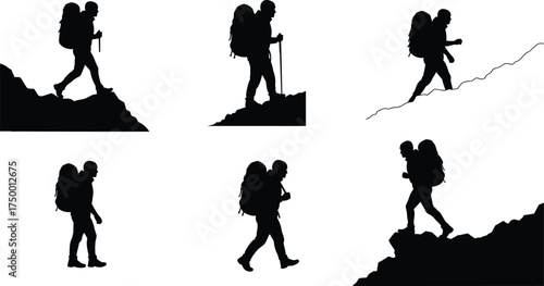 Hiking silhouette, trekking poses, outdoor adventure, mountain climbing, backpack journey, rocky terrain, walking motion, nature exploration, wilderness activity