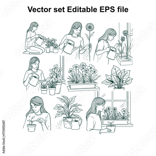 Vector art of vector set of women gardening, watering plants, and tending to flowers in pots, , editable eps file for various design applications