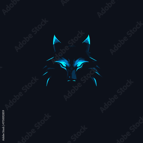 Striking nocturnal wolf face with glowing blue eyes, elegant digital artwork, predatory animal silhouette concept