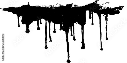 Black dripping paint isolated on white background. Dripping black liquid on white background. Paint dripping from the top of the frame transparent background. 