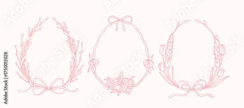 Set of hand drawn doodle floral Easter egg frames. Whimsical bow ribbon pink border. Tulip, rose, peony, willow filigree spring wreath. Greeting card, label, sale design, invitation template