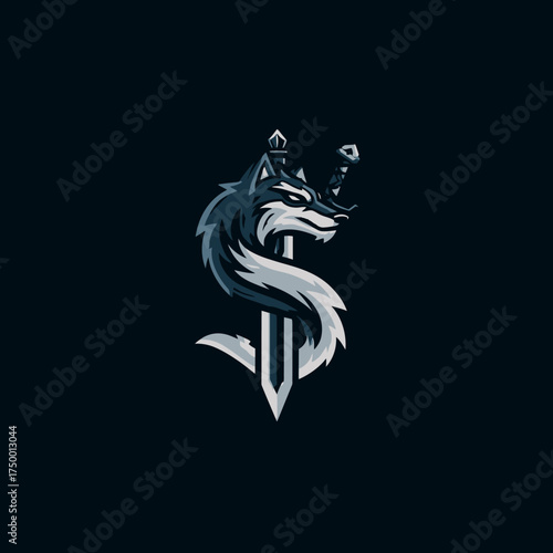 Fierce Gray Wolf Head with Medieval Sword Emblem Graphic Design. Powerful animal mascot illustration symbolizing strength, loyalty, and protection.