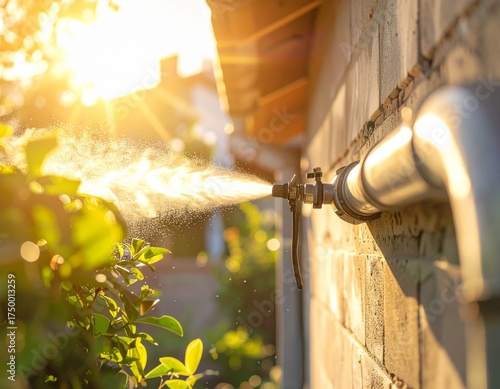 Water spraying from outdoor spigot against brick wall under bright golden sunlight near green foliage