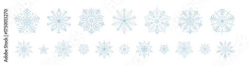 Big set of blue filigree victorian whimsical snowflakes on white background. Freeze, frost, blizzard, snowfall, snowstorm winter design elements. Merry Christmas and Happy New Year ornament
