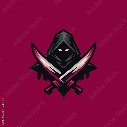 Mysterious hooded assassin mascot with crossed sharp blades, perfect for e-sports team logo, gaming avatar, or dark warrior emblem.