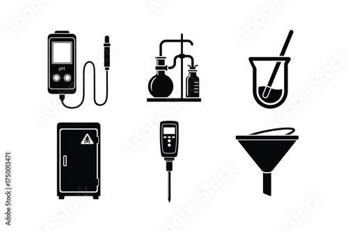 Chemistry Lab Equipment Icons With pH Meter And Funnel ph meter laboratory setup