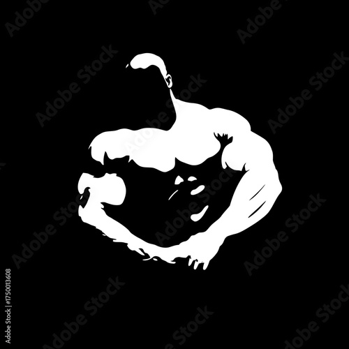 White silhouette of a muscular man flexing biceps, symbolizing strength, fitness, and power on a black background.
