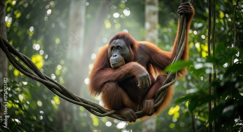 Orangutan resting on a vine in a lush green rainforest