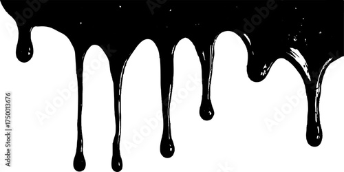 Black dripping paint isolated on white background. Dripping black liquid on white background. Paint dripping from the top of the frame transparent background. 