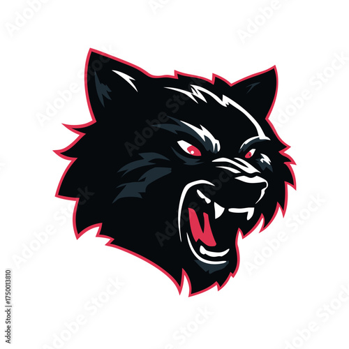 Fierce black wolf head mascot illustration with red eyes and snarling mouth, aggressive wild animal graphic design element