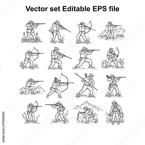Vector art of vector set of hunters with bows and arrows, aiming and shooting in various poses, set against a mountainous landscape, editable eps file