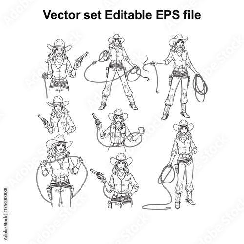Vector art of vector set of cowgirls with guns and lassos, in dynamic poses, , editable eps file for westernthemed designs