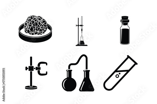 Chemistry Lab Icons With Glassware And Equipment On White Background Keywords: chemistry, lab