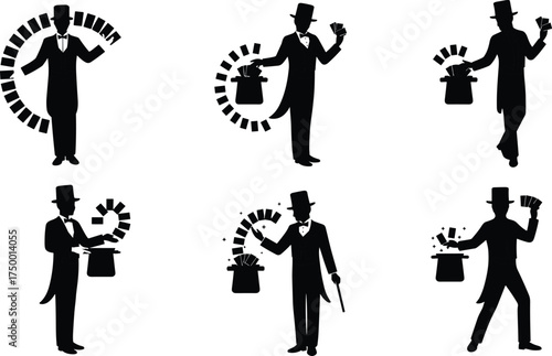 magician silhouette illustration set, card trick pose, top hat gesture, wand magic, black vector design, stage performance