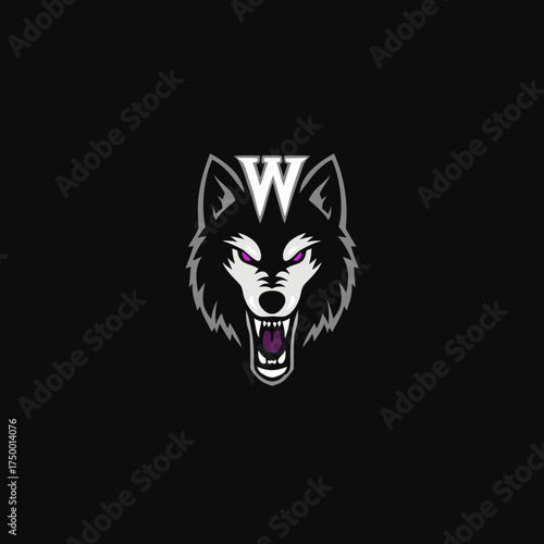 Powerful grey wolf head illustration with bared teeth and glowing purple eyes, exuding a fierce and aggressive aura on a black background.