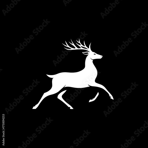 Graceful White Stag Deer with Large Antlers in Running Silhouette, Isolated on Black Background. Minimalist Wildlife Graphic Icon.