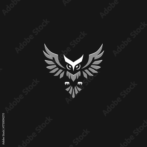 Stylized gray owl logo with spread wings on dark background. Majestic nocturnal bird emblem, geometric vector design.