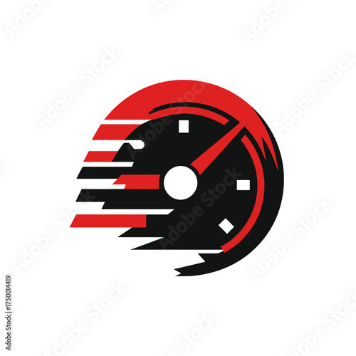 Sleek red and black speedometer icon symbolizing speed, velocity, quickness, rapid progress, and high performance with motion blur.