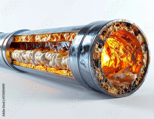 Cross section view of a corroded pipe showing severe internal buildup and reduced flow of material