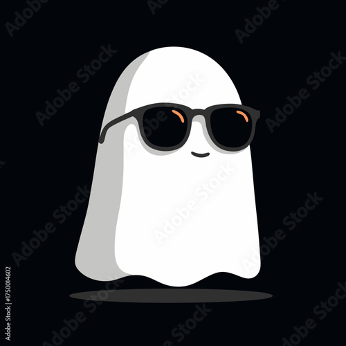 Cool cartoon ghost wearing stylish black sunglasses, friendly and spooky character illustration on a dark background.