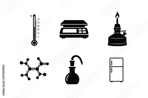 Science Laboratory Equipment Icons On White Background thermometer scale