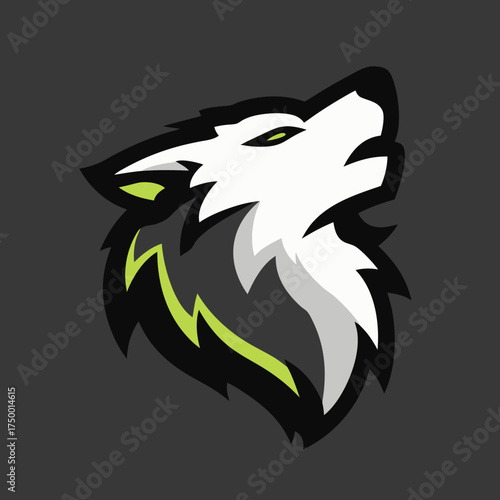 Stylized howling wolf head illustration with modern design and bright green accents, ideal for a sports mascot or gaming logo