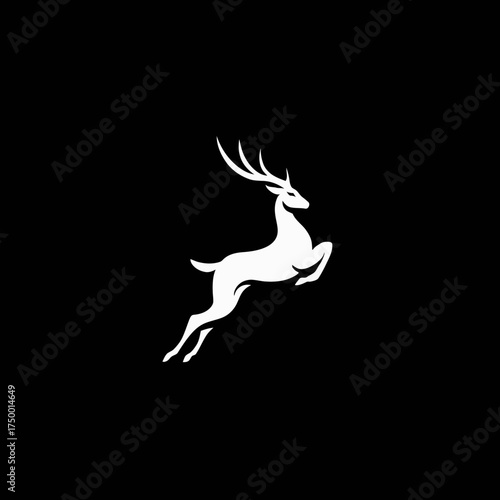 Dynamic White Deer Silhouette Leaping on Solid Black Background - Elegant Minimalist Animal Wildlife Icon Design