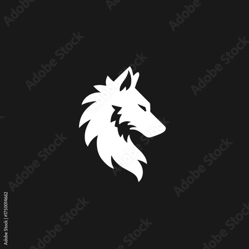 Stylized white wolf head silhouette on black background, powerful wild animal icon, logo, or mascot design, sharp minimal graphic.