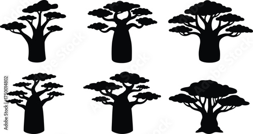  Baobab tree silhouette collection, African nature vector set, tropical landscape elements, exotic tree shapes, black botanical illustration for jungle and savanna design projects