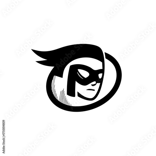 Dynamic black and white superhero masked face icon, comic book style vector illustration for hero, security, speed, and protection concepts.
