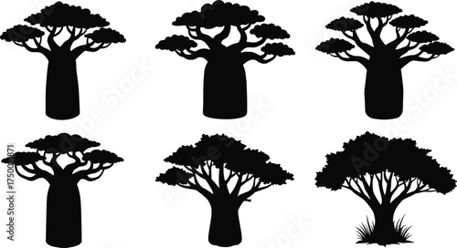  Baobab tree silhouette collection, African nature vector illustration set, tropical and exotic tree shapes, black silhouette design for jungle, safari, and nature projects
