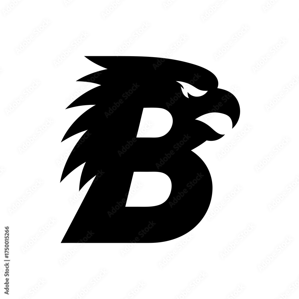Fototapeta premium Bold black eagle head forming letter B icon, powerful predatory bird mascot emblem graphic design element, strength concept