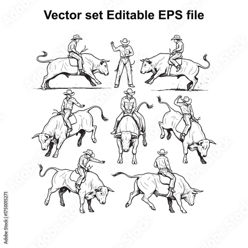 Vector art of vector set of cowboys riding bulls