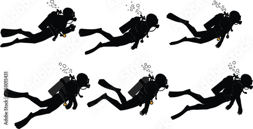 scuba diver silhouette set, underwater swimming pose, air tank gear, black vector illustration, diving activity, ocean exploration