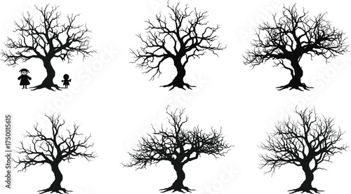  Collection of leafless tree silhouettes, spooky barren trees vector illustration, autumn and winter nature elements, detailed black branches artwork for design