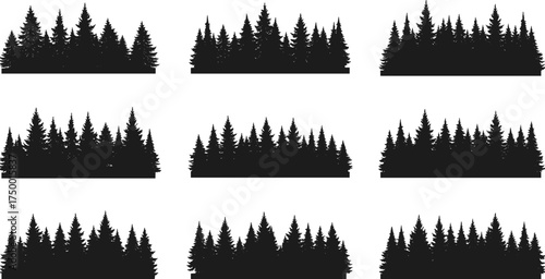  Collection of pine forest silhouettes, evergreen tree landscape vector illustration, black nature scenery elements, conifer woodland shapes, outdoor background design for natural artwork