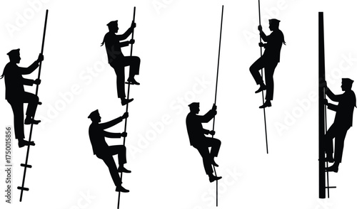 pole climbing silhouette set, uniformed climber, vertical ascent, training pose, black vector illustration, strength technique, professional action