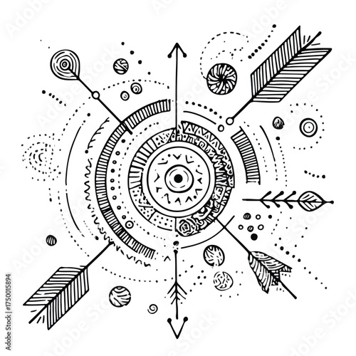 Monochrome abstract arrows circles doodle art