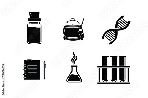 Scientific Research And Laboratory Tools Icons On White Background vial cooker