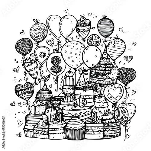 Monochromatic Birthday Celebration Doodles